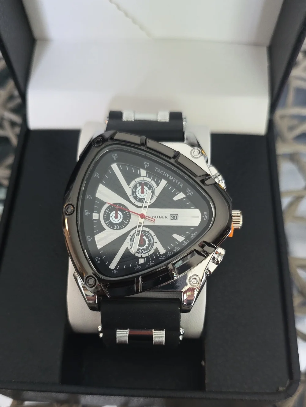 274.  Unique Triangular Men's Chronograph Watch - Black & Silver
